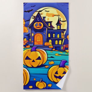 Spooky Halloween Mansion Artwork Beach Towel
