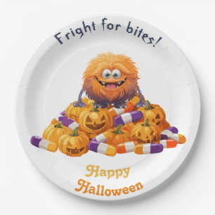 Spooky Halloween Monster On Pile Of Candy Paper Plate