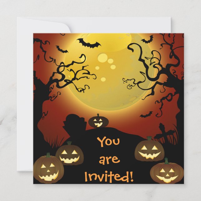 Spooky Halloween Moon, Pumpkins Bats Invitation (Front)