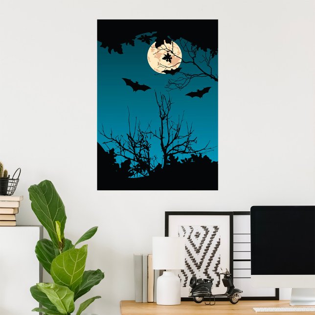 Spooky Halloween Night Full Moon and Flying Bats  Poster (Creator Uploaded)