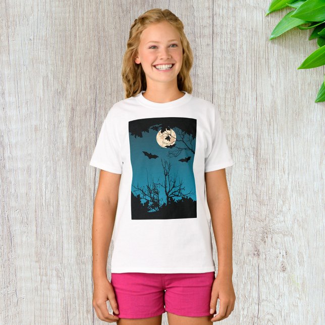 Spooky Halloween Night Full Moon and Flying Bats  T-Shirt (Creator Uploaded)