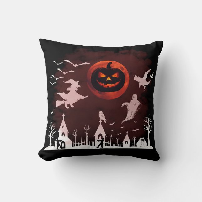 Spooky Halloween Night Full Moon Pumpkin Scene Cushion (Front)