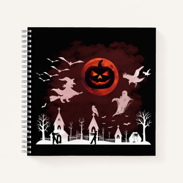 Spooky Halloween Night Full Moon Pumpkin Scene Notebook (Front)