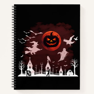 Spooky Halloween Night Full Moon Pumpkin Scene Notebook