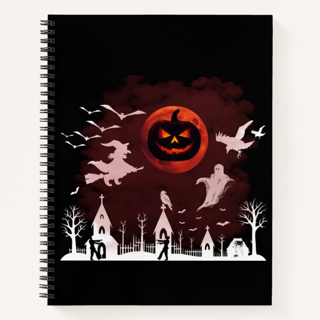 Spooky Halloween Night Full Moon Pumpkin Scene Notebook (Front)