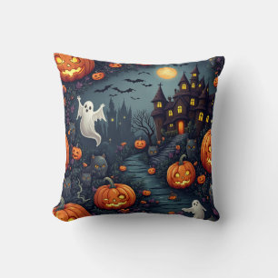 Spooky Halloween Night Haunted House Throw Pillow