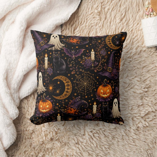 Spooky Halloween Night Pumpkin & Ghost Pattern Art Cushion (Blanket)