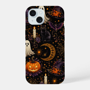 Spooky Halloween Night Pumpkin & Ghost Pattern Art iPhone 15 Case