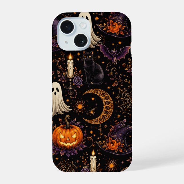 Spooky Halloween Night Pumpkin & Ghost Pattern Art iPhone 15 Case (Back)