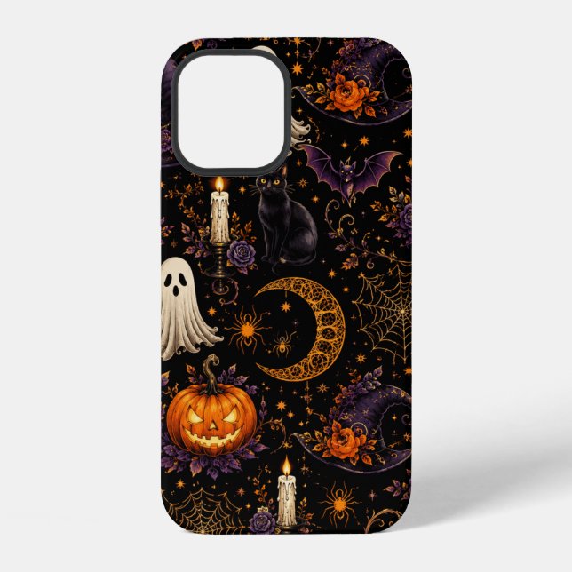 Spooky Halloween Night Pumpkin & Ghost Pattern Art iPhone Case (Back)