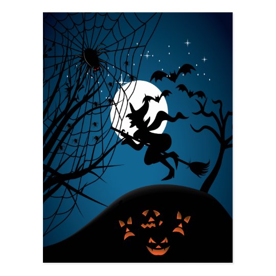 spooky halloween night witch and spiders vector postcard