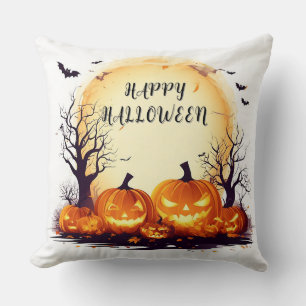 Spooky Halloween Night with Glowing Pumpkins Cushion