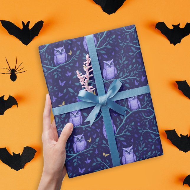 Spooky Halloween Night With  Purple Owls Pattern Wrapping Paper (Creator Uploaded)