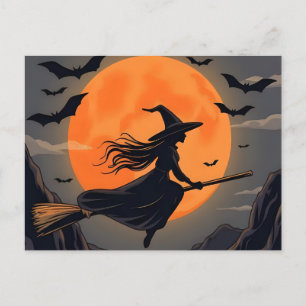 Spooky Halloween Orange Moon Witch Flying  Holiday Postcard