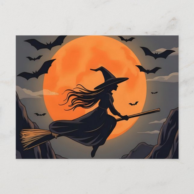Spooky Halloween Orange Moon Witch Flying  Holiday Postcard (Front)