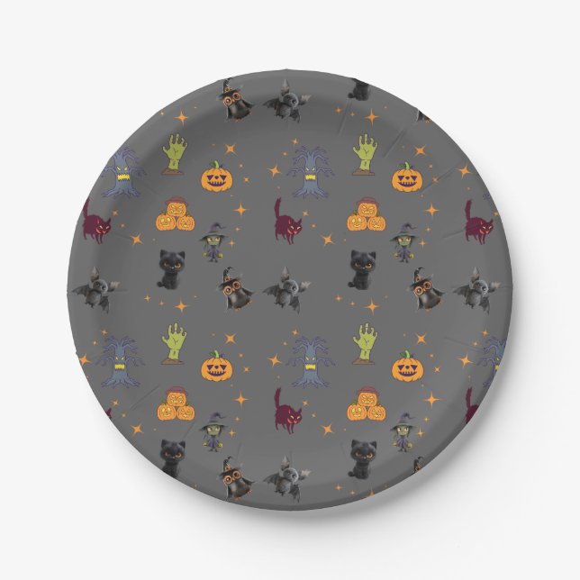 Spooky Halloween Pattern with Black Cats, Pumpkins Paper Plate (Front)