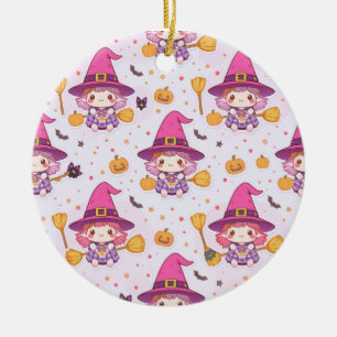 Spooky Halloween Pattern with Pumpkins and witch  Ceramic Tree Decoration