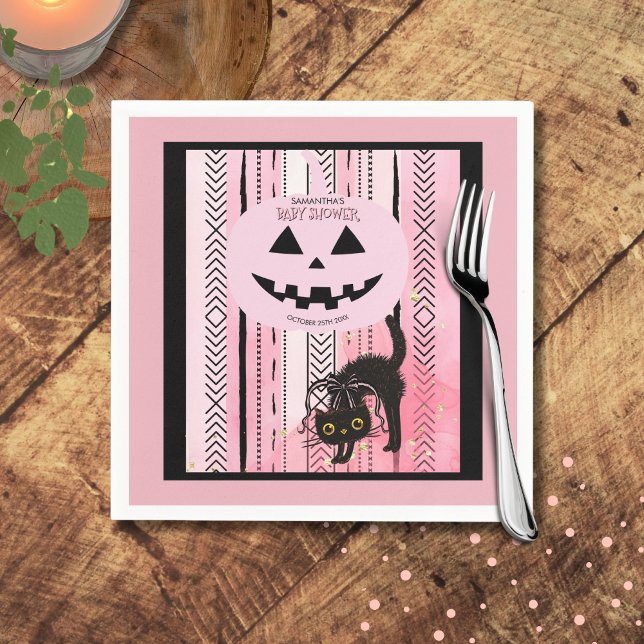 Spooky Halloween Pink and Black Stripes Pumpkin  Napkin (Spooky Halloween Pink and Black Stripes Pumpkin Napkins)