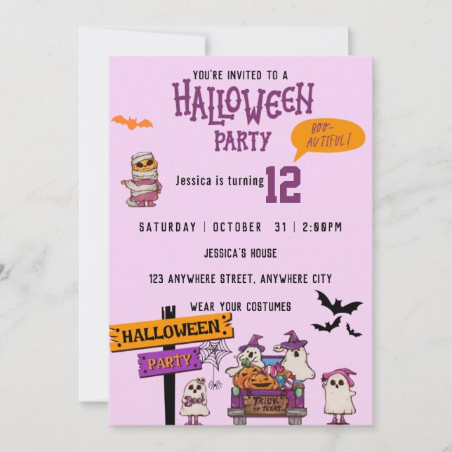 Spooky Halloween Pink Birthday Party Invitation (Front)