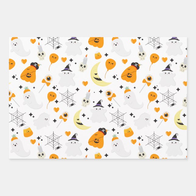 Spooky halloween pink scary ghost pattern wrapping paper sheet (Front)
