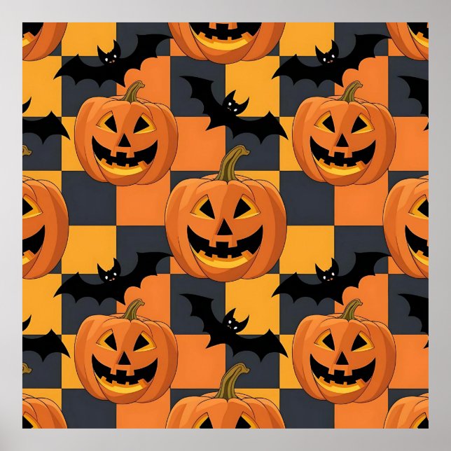 Spooky Halloween Pumpkin and Bat Pattern Poster (Front)
