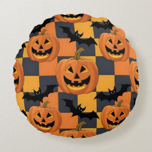 Spooky Halloween Pumpkin and Bat Pattern Round Cushion