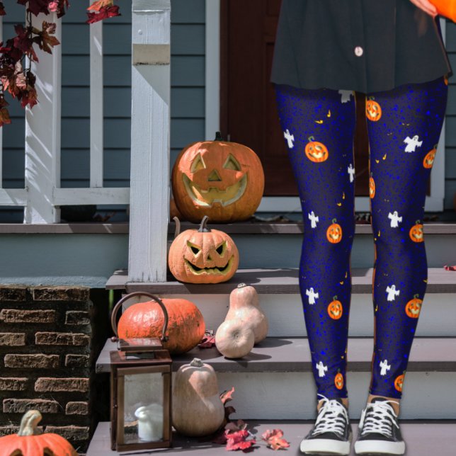 Spooky Halloween Pumpkin and Ghost Pattern Blue Leggings (Creator Uploaded)
