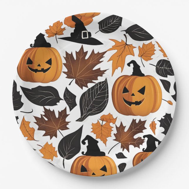 Spooky Halloween Pumpkin Carvings Paper Plates (Front)