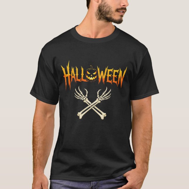 Spooky Halloween Pumpkin Crossed Skeleton Bones T-Shirt (Front)