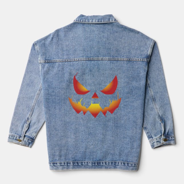 Spooky Halloween pumpkin demon face on fire Denim Jacket (Back)