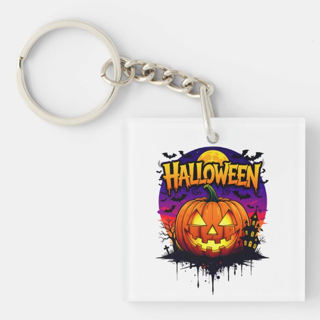Spooky Halloween Pumpkin Design with Moonlit Sky a Key Ring (Front)