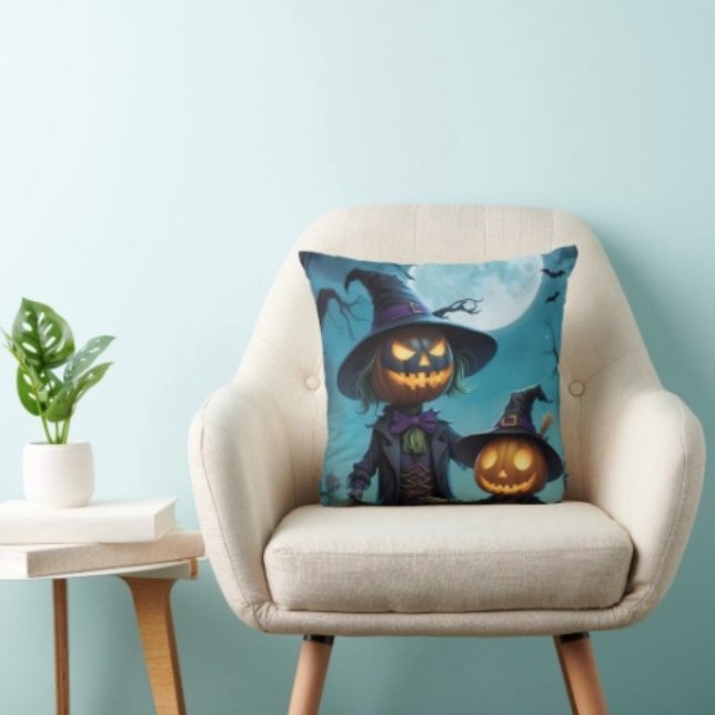 Spooky Halloween Pumpkin Duo Cushion (Throw Pillow 100% polyester heavyweight stretch material. Hidden zipper Made in the USA.
)