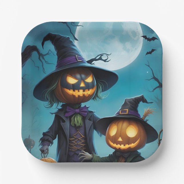 Spooky Halloween Pumpkin Duo Paper Plate (Front)