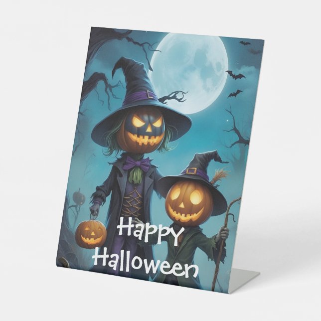 Spooky Halloween Pumpkin Duo Pedestal Sign (Front)