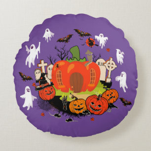 Spooky Halloween Pumpkin Graveyard Scene Round Cushion