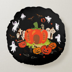 Spooky Halloween Pumpkin Graveyard Scene Round Cushion