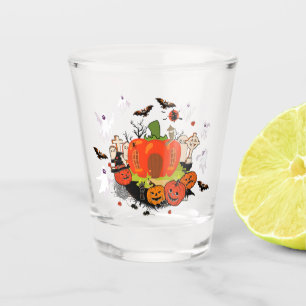 Spooky Halloween Pumpkin Graveyard Scene Shot Glass