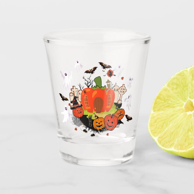 Spooky Halloween Pumpkin Graveyard Scene Shot Glass (Front)