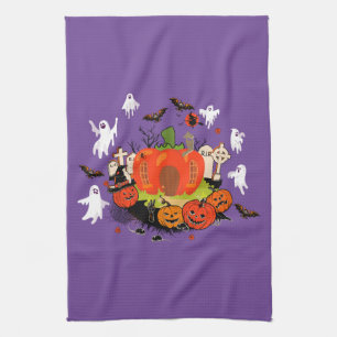 Spooky Halloween Pumpkin Graveyard Scene Tea Towel