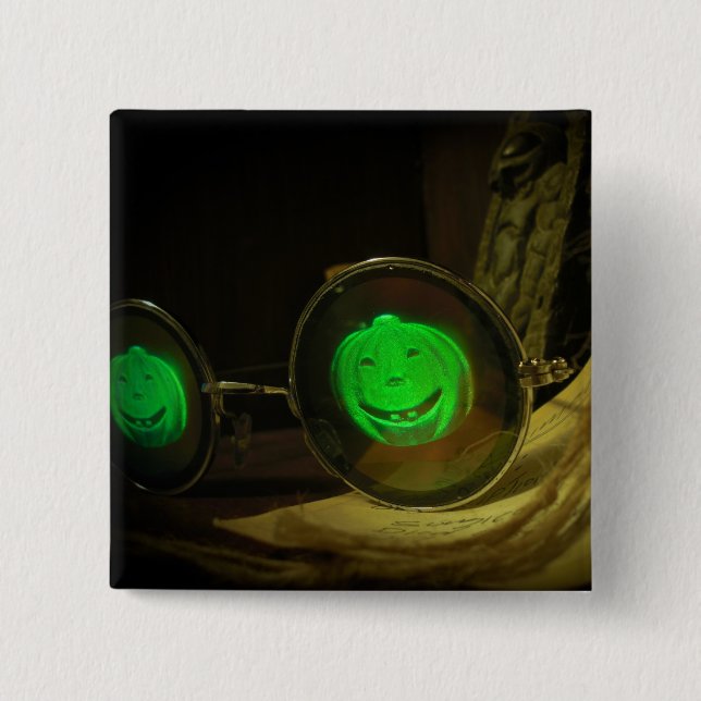 Spooky Halloween Pumpkin Hologram Specs Button (Front)