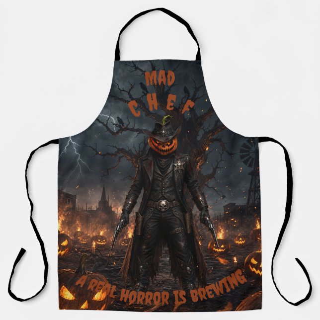 Spooky Halloween Pumpkin Sheriff Cowboy Lightning  Apron (Front)
