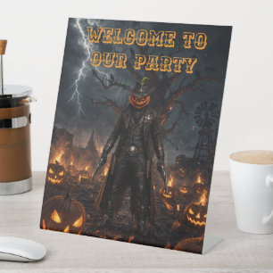 Spooky Halloween Pumpkin Sheriff Cowboy Lightning Pedestal Sign