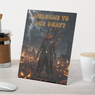 Spooky Halloween Pumpkin Sheriff Cowboy Lightning Pedestal Sign