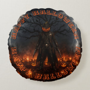 Spooky Halloween Pumpkin Sheriff Cowboy Lightning Round Cushion