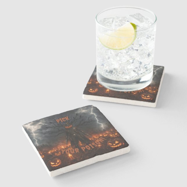 Spooky Halloween Pumpkin Sheriff Cowboy Lightning  Stone Coaster (Side)