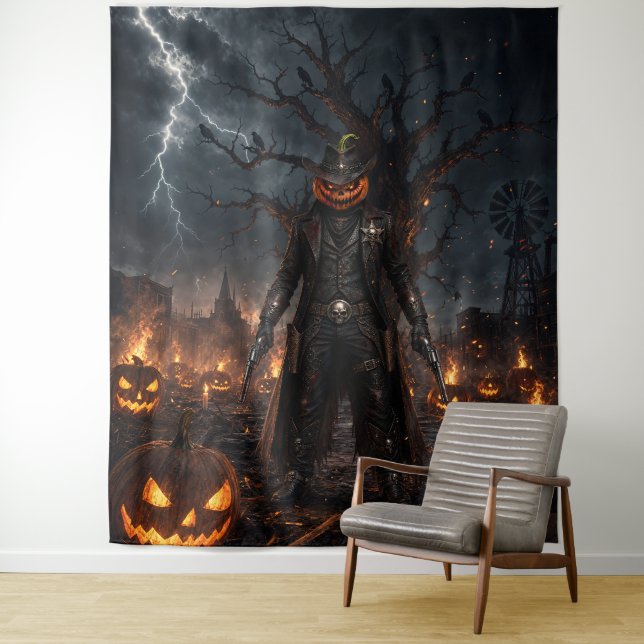 Spooky Halloween Pumpkin Sheriff Cowboy Lightning  Tapestry (In Situ)