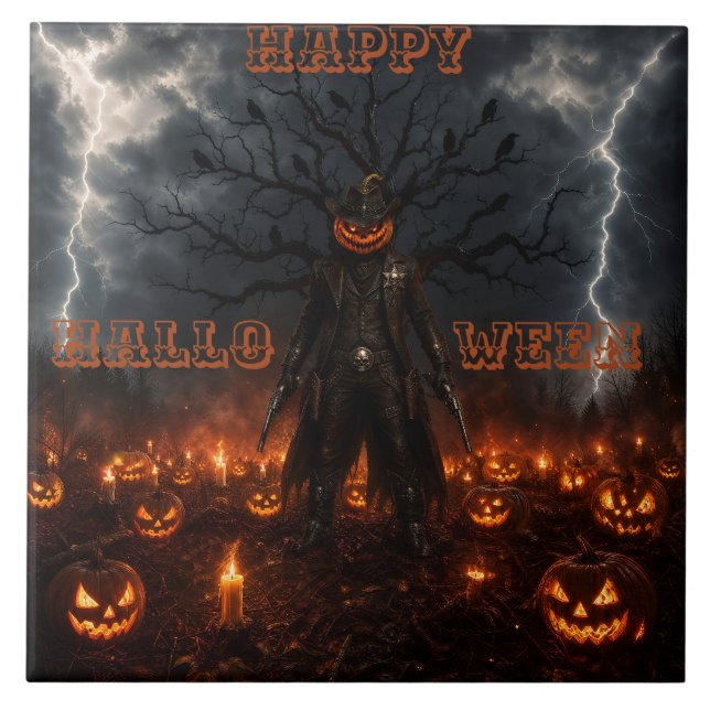 Spooky Halloween Pumpkin Sheriff Cowboy Lightning  Tile (Front)
