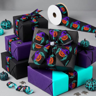 Spooky Halloween Pumpkin Spider And Witch Hat Art Satin Ribbon