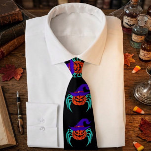 Spooky Halloween Pumpkin Spider And Witch Hat Art Tie