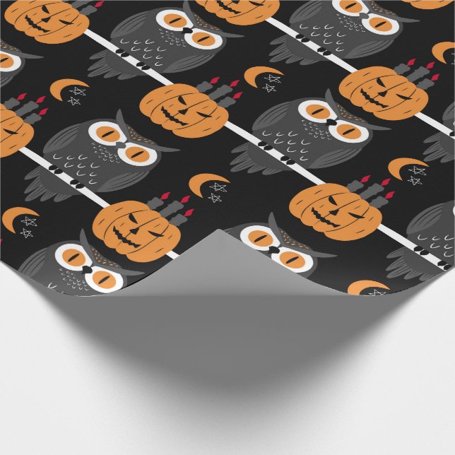 Spooky Halloween Pumpkins & Owls Jack-O-Lanterns Wrapping Paper (Corner)